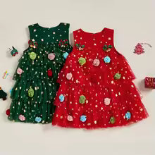 FOCUSNORM 2 Colors Christmas Kids Girls Layered Dress 1-6Y Sleeveless Shiny Stars Lace Tulle Costume Sundress with Bells